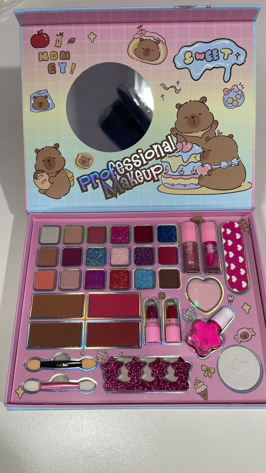 paleta de maquiagem  sombra capivara com espelho infantil