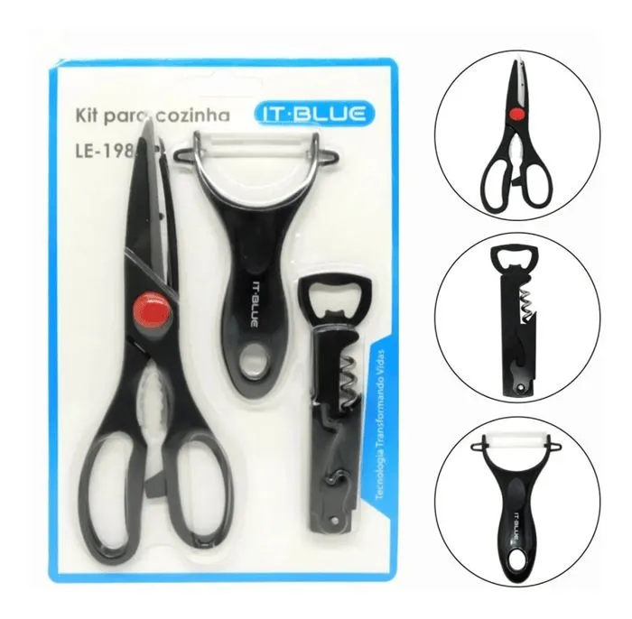 Kit Para Cozinha 3 Peças Tesoura, Descascador, Abridorde garrafas e Saca Rolha IT-Blue LE-1987