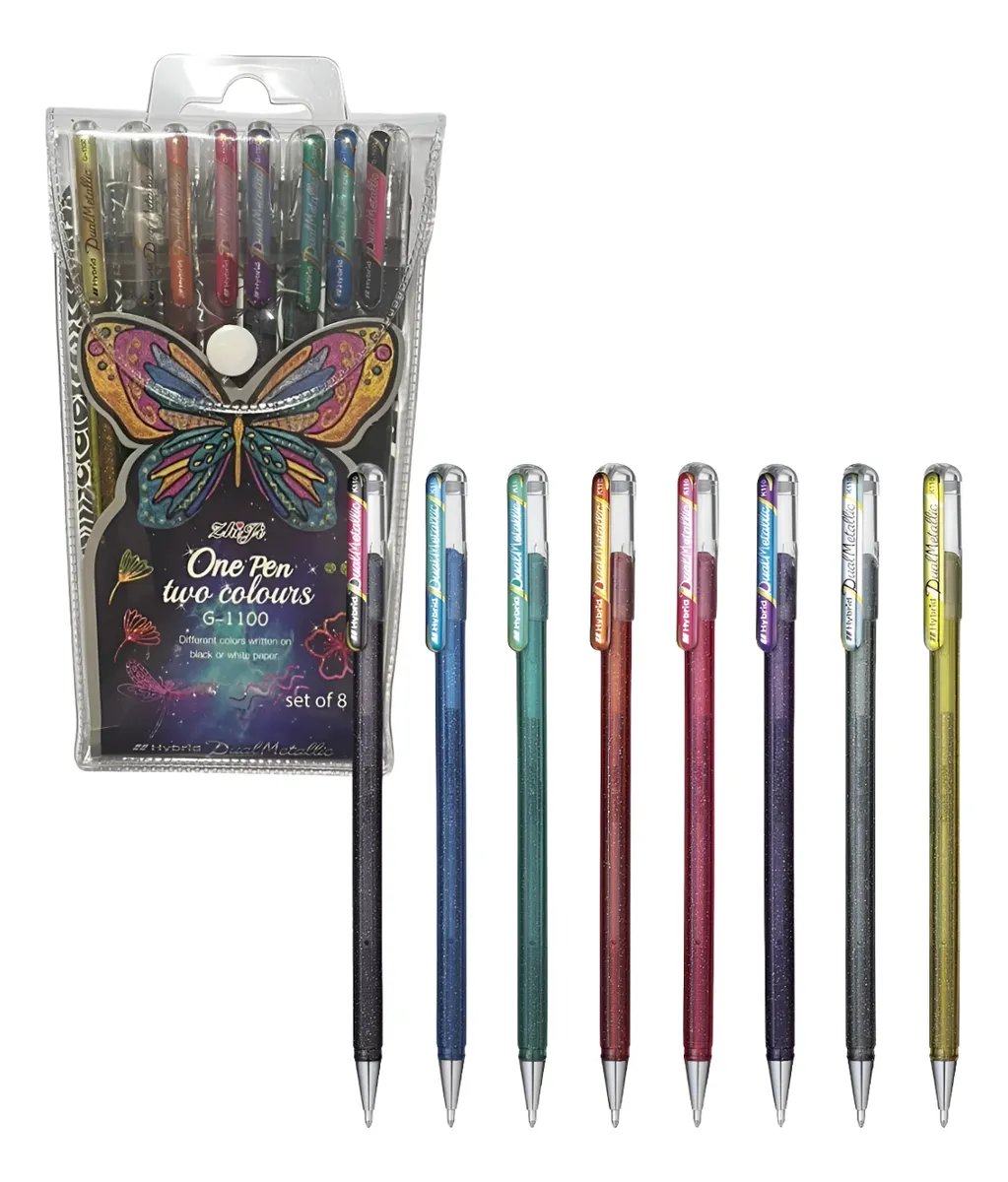 Canetas Coloridas Gel Neon Glitter Estojo Kit 8 Cores