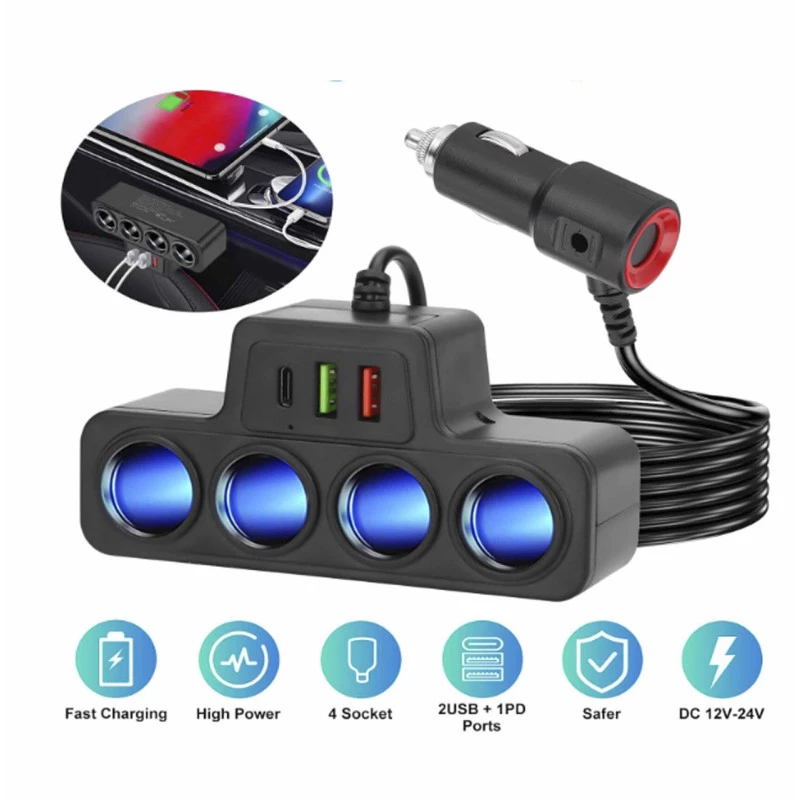 Carregador Automotivo 4 Acendedores + 2 USB + USB-C 120W KA-C206 - Kapbom