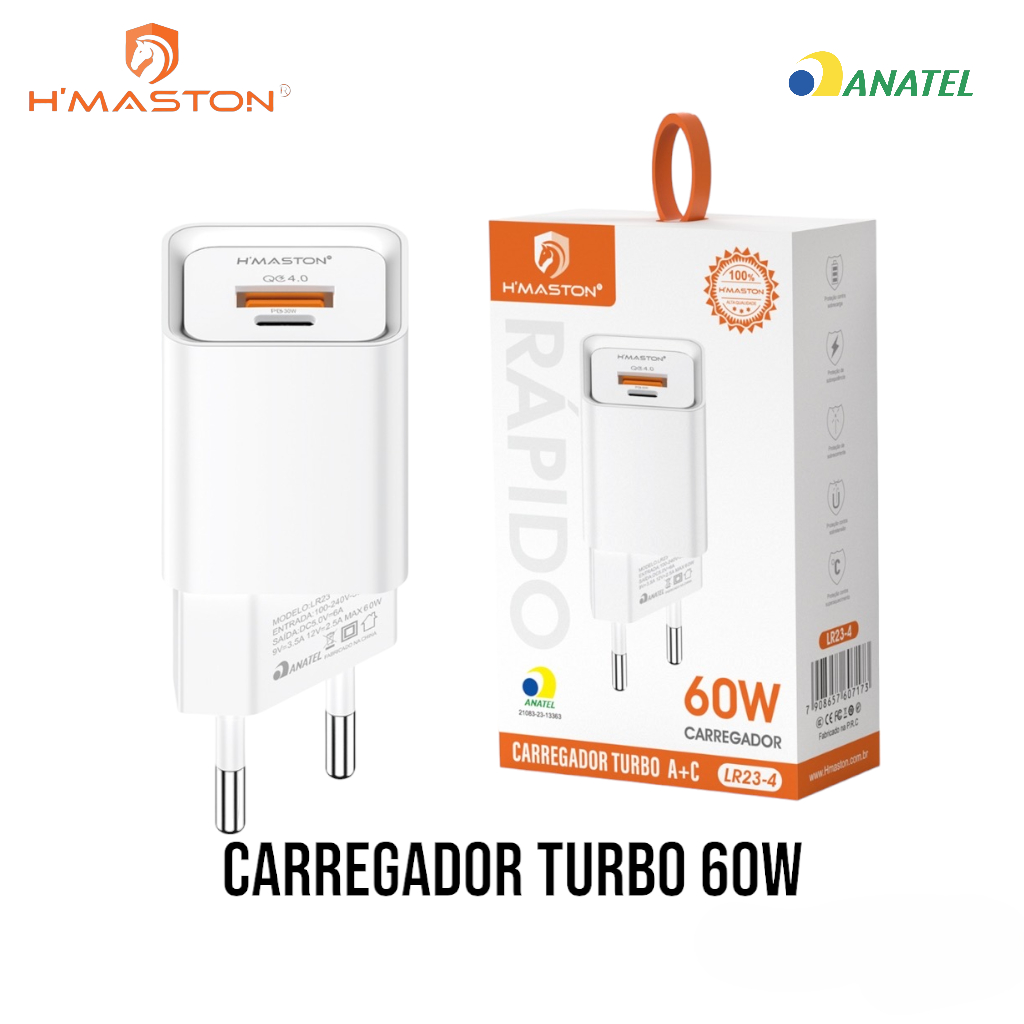 H'MASTON Carregador Turbo USB-C Fonte Carregador 60W com 2 Saída USB Tipo C Compatível com iPhone Android Branco LR23-4