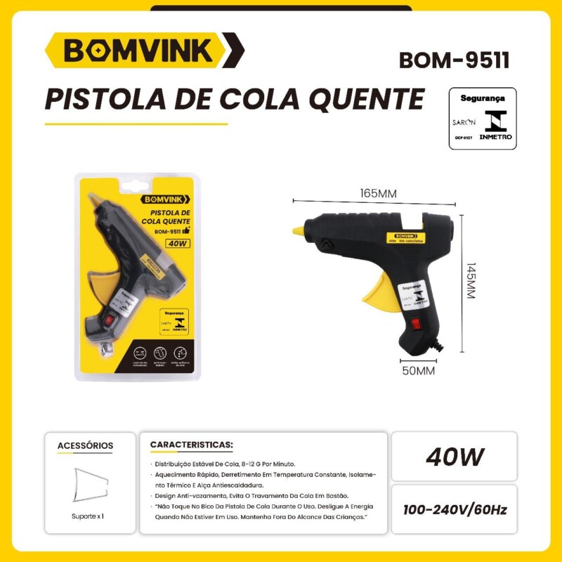 Pistola dr Cola Quente 40W, 100 x 240V/60Hz BOM-9511 grande