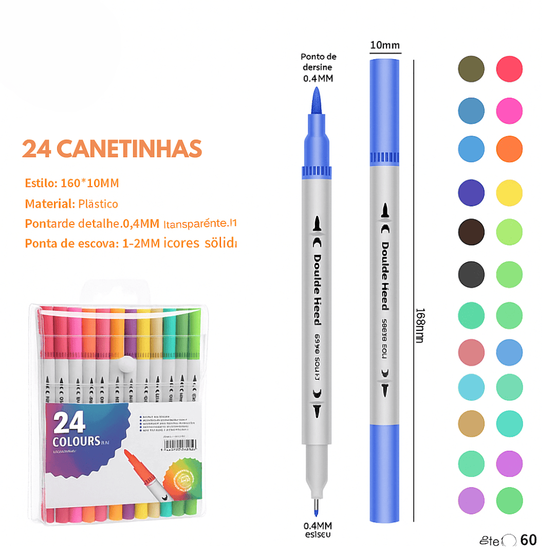 Kit Canetinha 2 em 1 ponta Fina e Grossa (24 peças)