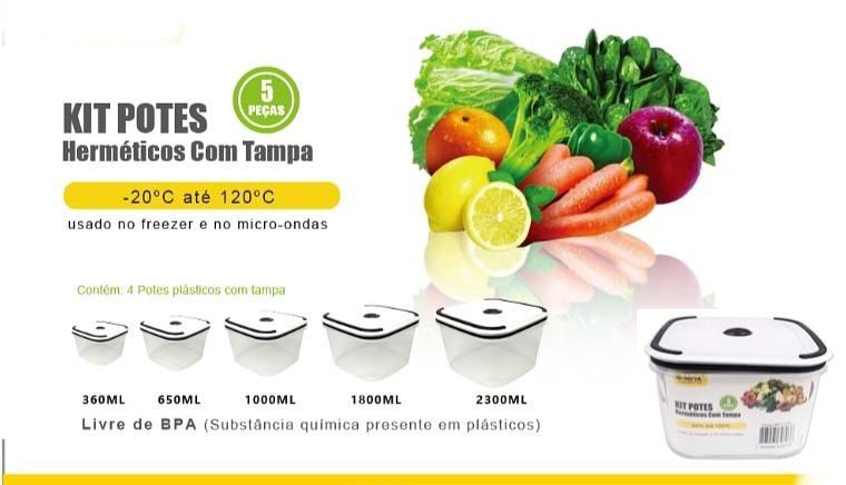 Kit potes hermeticos com tampa 5 pecas -20℃ ate 120℃ Quadrado