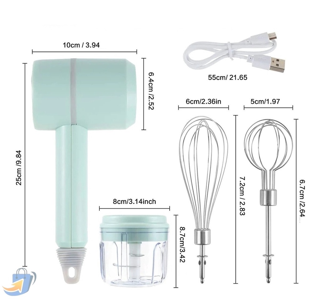 Kit 3 em 1 Batedeira Ovo Processador Triturador Batedor Alimentos Mixer