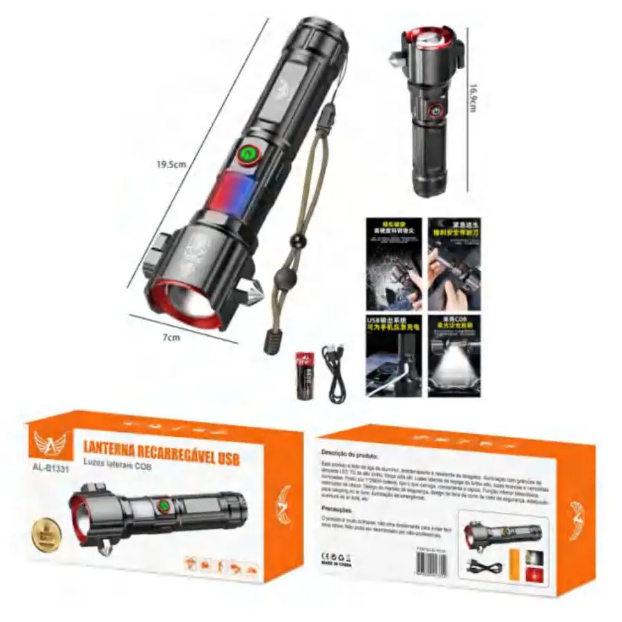 Lanterna recarregável em liga de alumínio com martelo de segurança + cortador de corda
