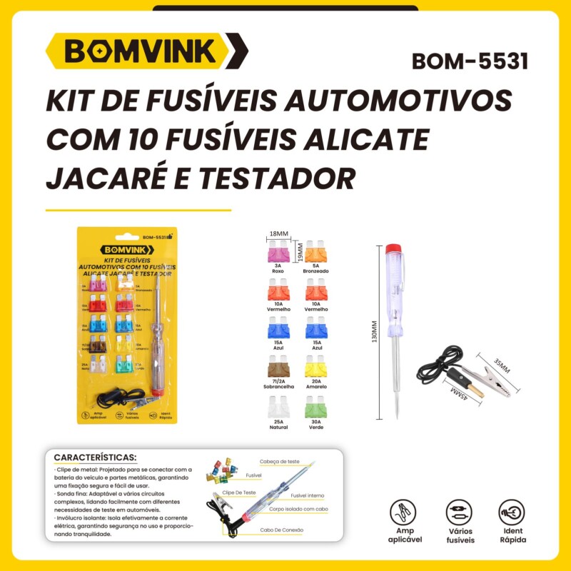 Kit Fusivel para Carro e Chave Teste 10 Fusíveis com Chave Grampo Garra Jacar