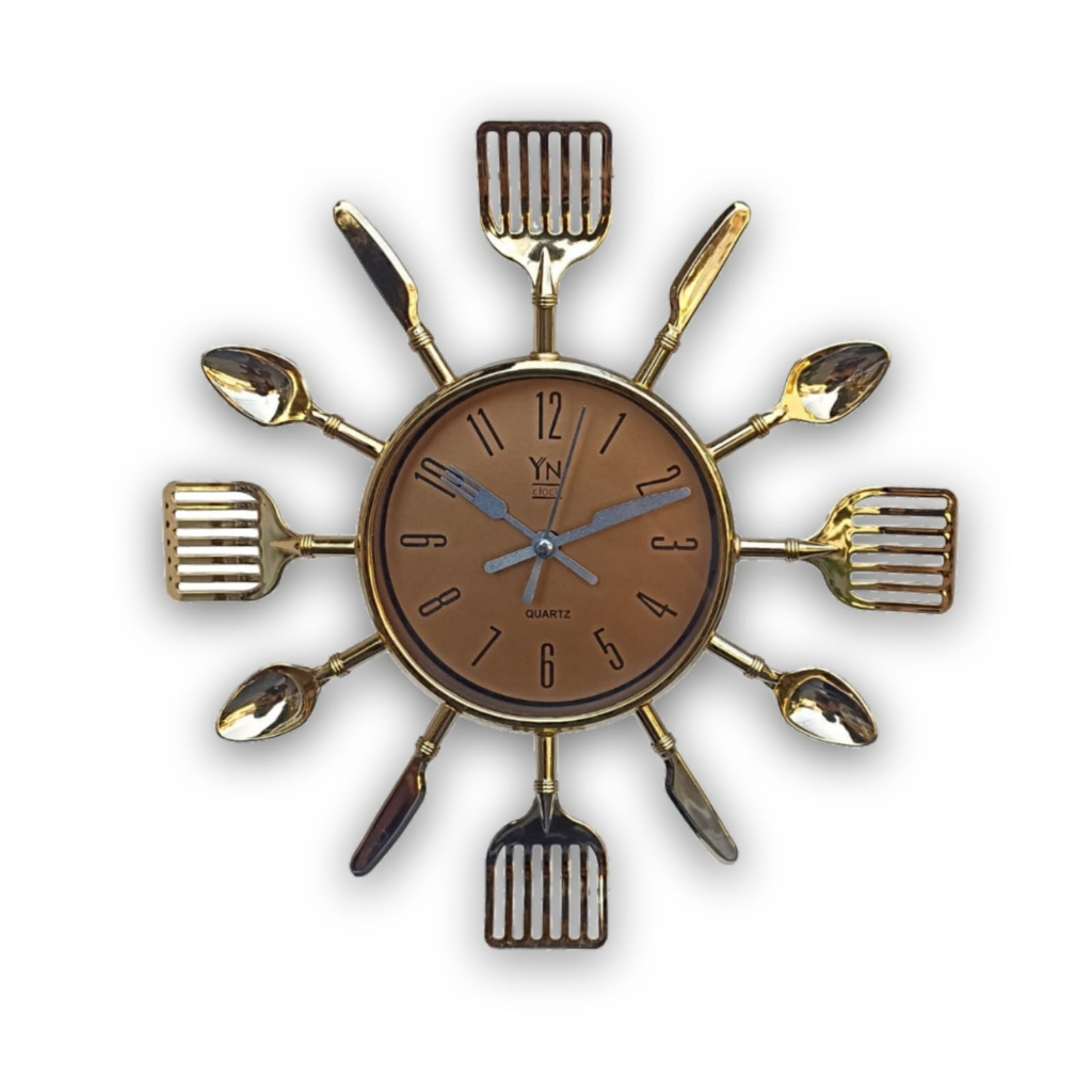 Relógio De Parede Talheres De Cozinha Formato Garfo, Faca e Espatula Prata e Dourado Quartz