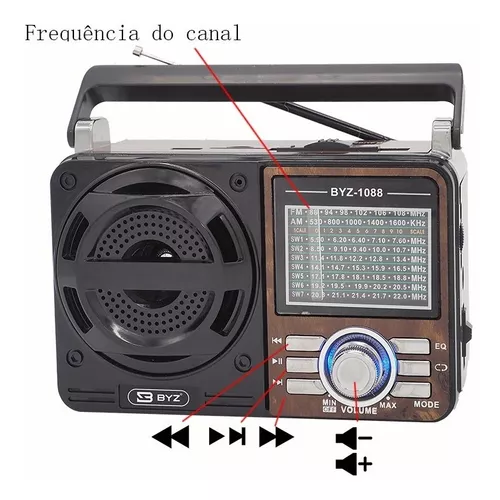 Rádio Am Fm A Pilha E Tomada Retrô Byz-1088 Bluetooth Usb Recarregavel