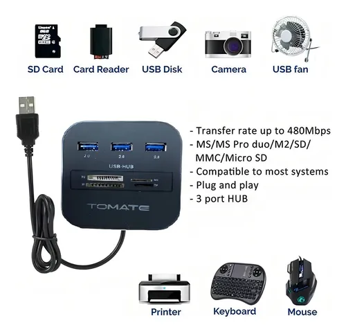Hub Usb 2.0 3 Portas Leitor De Cartão Memória Total 7 Portas