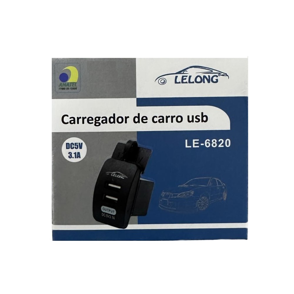 Tomada Carregador Veicular Duplo USB 6820 Neon Azul Para Carro Moto Caminhão Barco Lancha Onibos