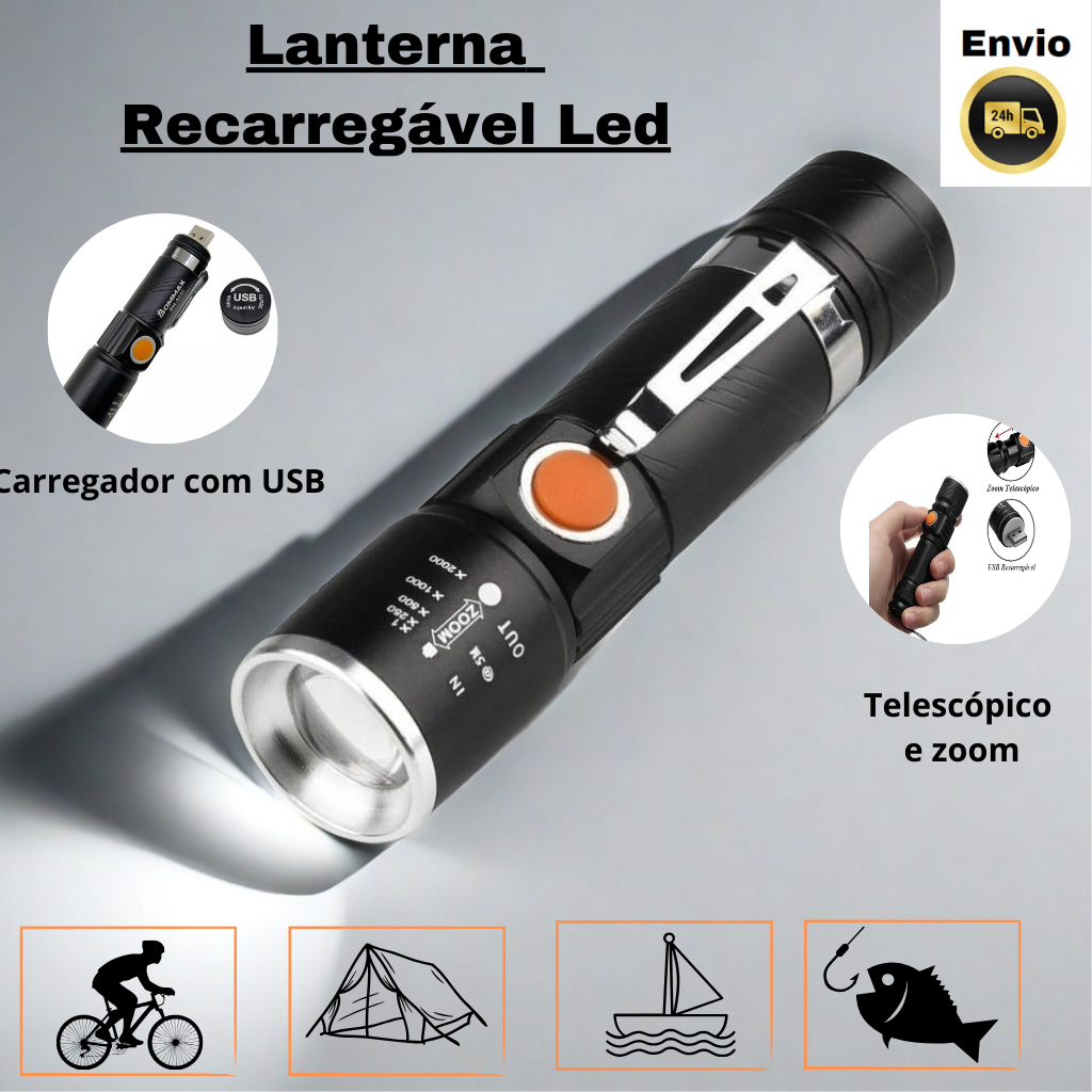 Lanterna Tática Portátil Carregamento USB
