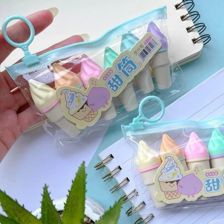 kit 6 Caneta Marca Texto Mini Sorvete Casquinha Kit 6 Cores Pastéis