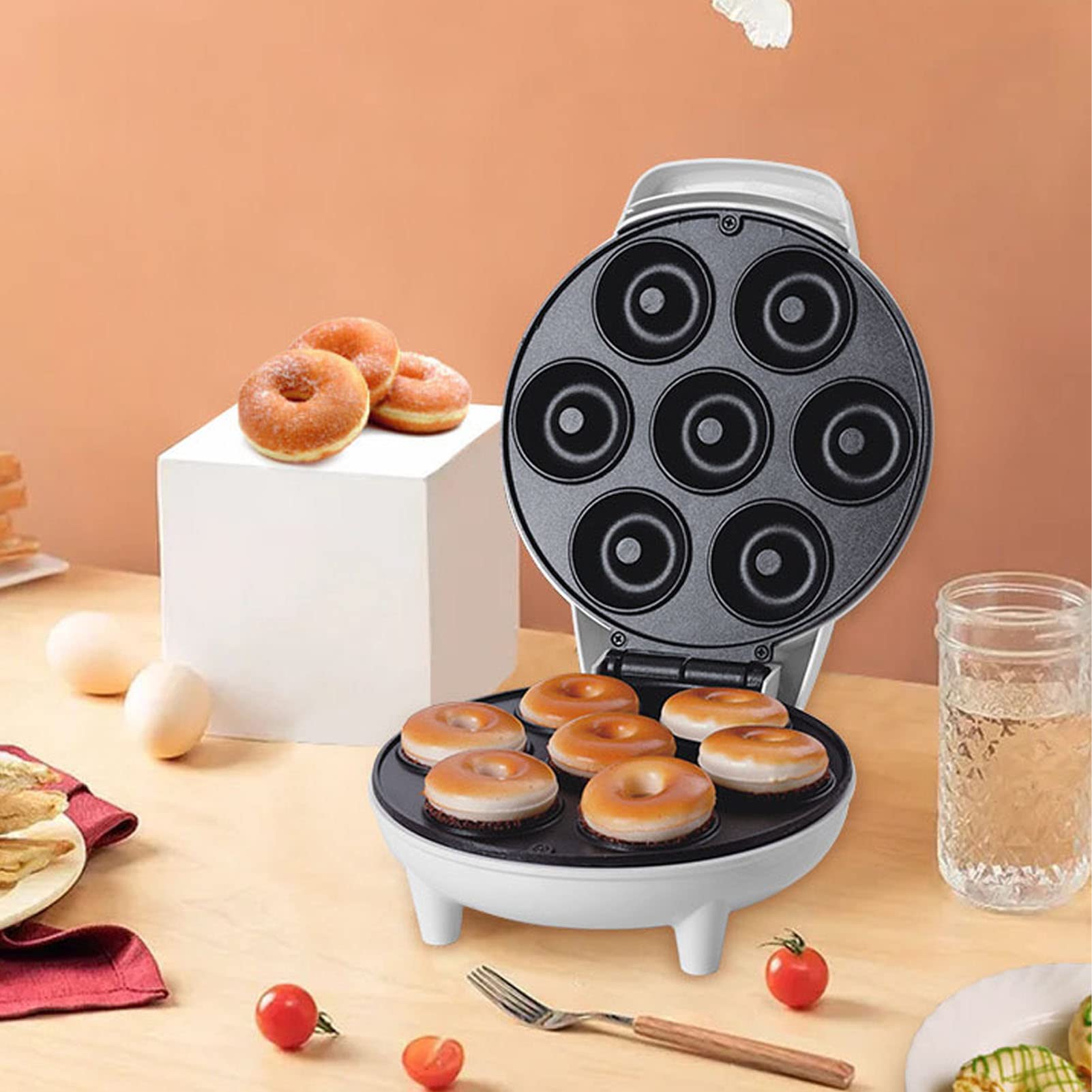 Mini Donut Maker, 1200W 7 Donuts Máquina Prensa Elétrica Portátil de Donut Com Superfície Antiaderente para Lanches de Café da Manhã Sobremesas US Plug 110V