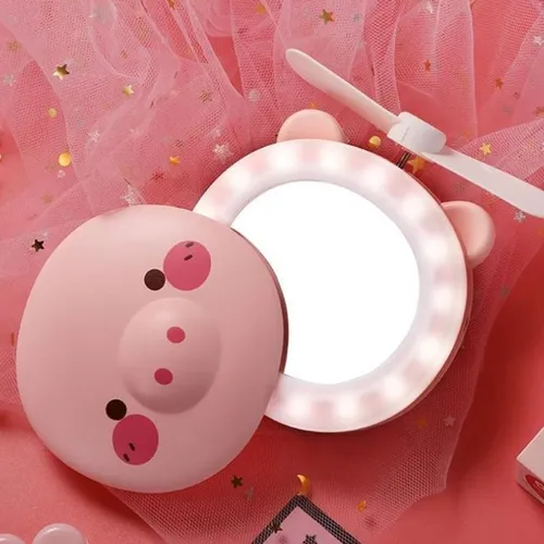 Espelho Led Para Maquiagem Portátil Ventilador Porquinho