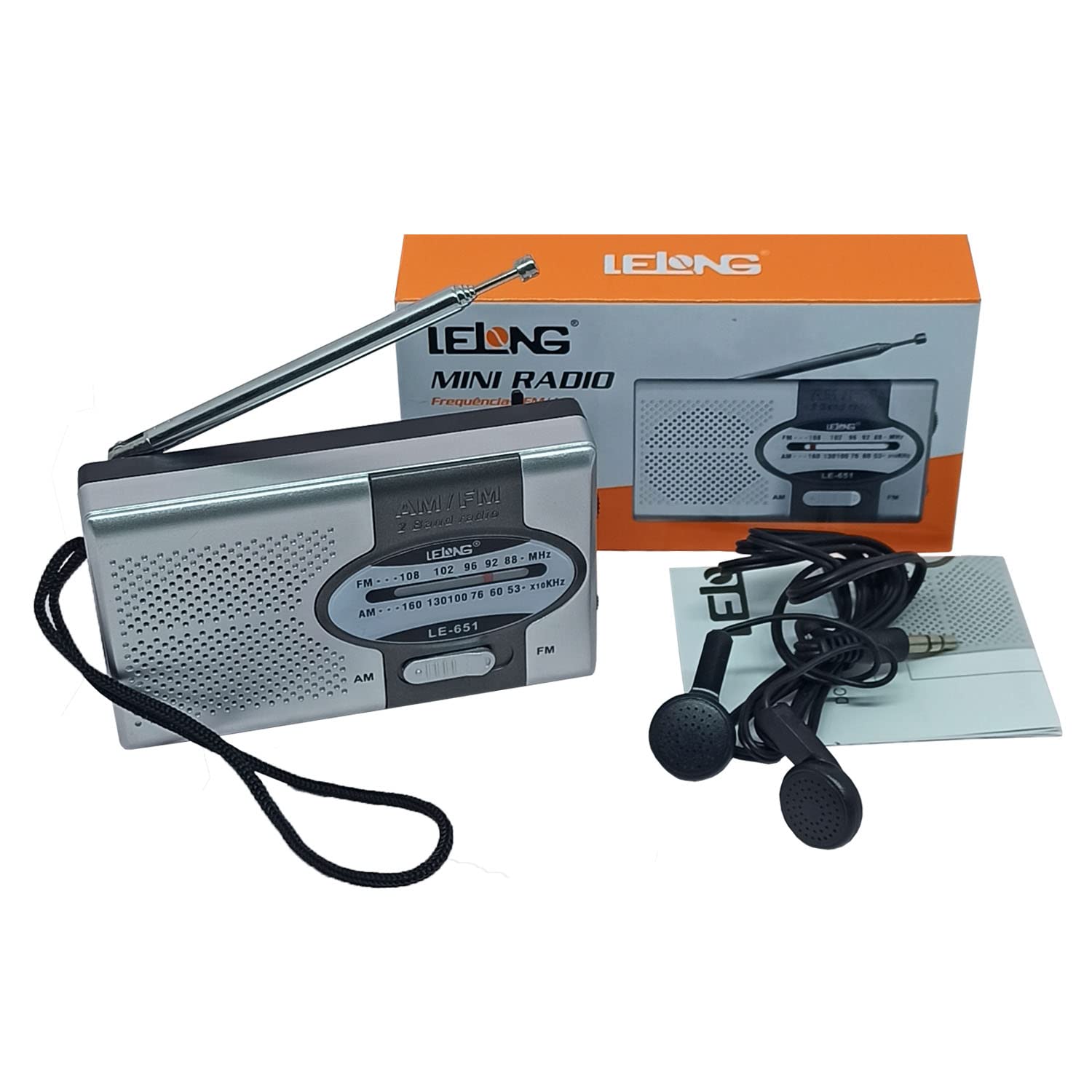 Mini rádio AM/FM de bolso com antena e fone portátil c/alça