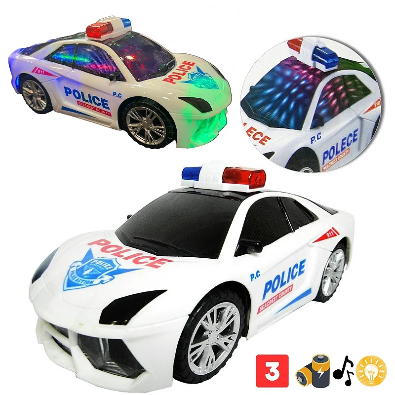 CARRO POLÍCIA POLICIAL BATE E VOLTA COM SOM E LUZ 3D PILHA